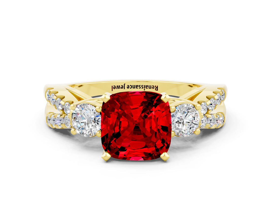 Yellow gold Cushion Cut Ruby Three-Stone Ring with Pavé Split Shank and Four-Prong Setting_12