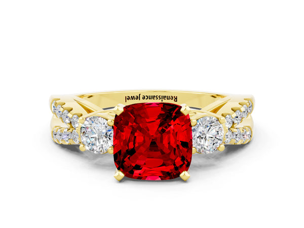 Yellow gold Cushion Cut Ruby Three-Stone Ring with Pavé Split Shank and Four-Prong Setting