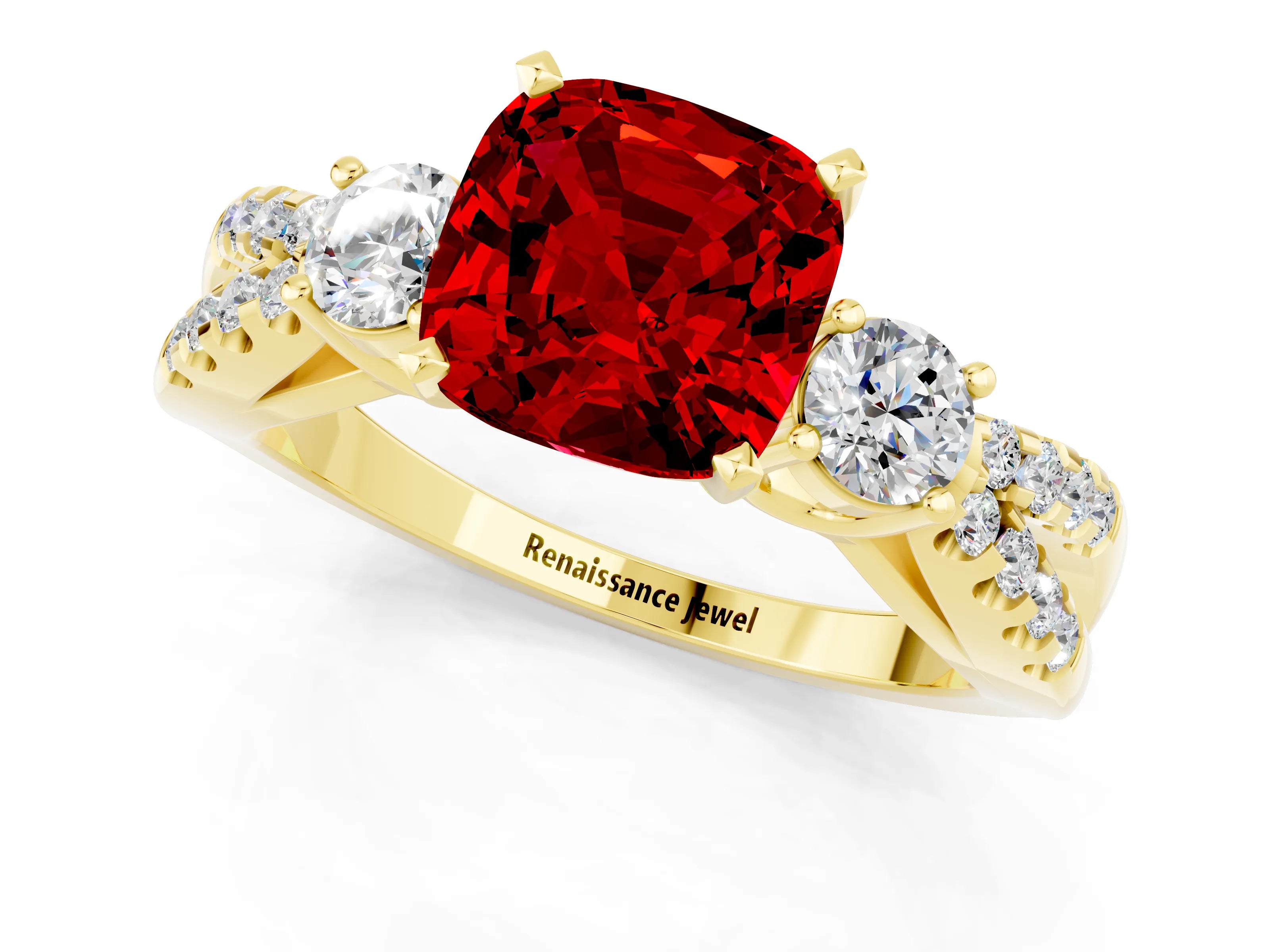 Yellow gold Cushion Cut Ruby Three-Stone Ring with Pavé Split Shank and Four-Prong Setting_13