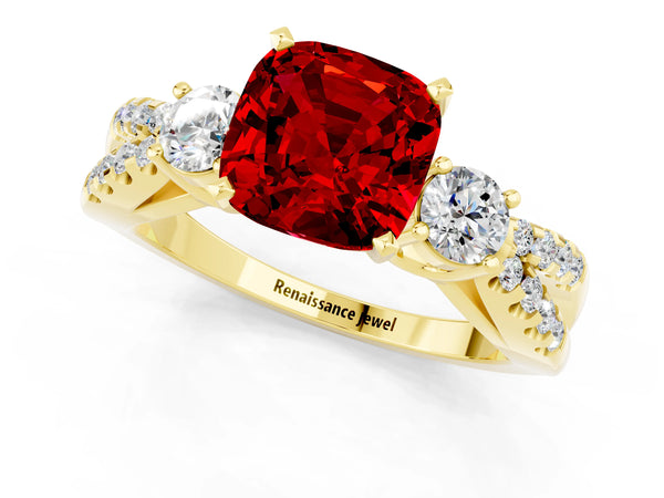 Yellow gold Cushion Cut Ruby Three-Stone Ring with Pavé Split Shank and Four-Prong Setting