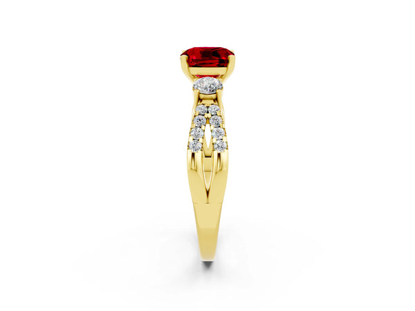 Yellow gold Cushion Cut Ruby Three-Stone Ring with Pavé Split Shank and Four-Prong Setting