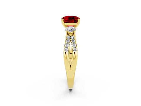 Yellow gold Cushion Cut Ruby Three-Stone Ring with Pavé Split Shank and Four-Prong Setting_14