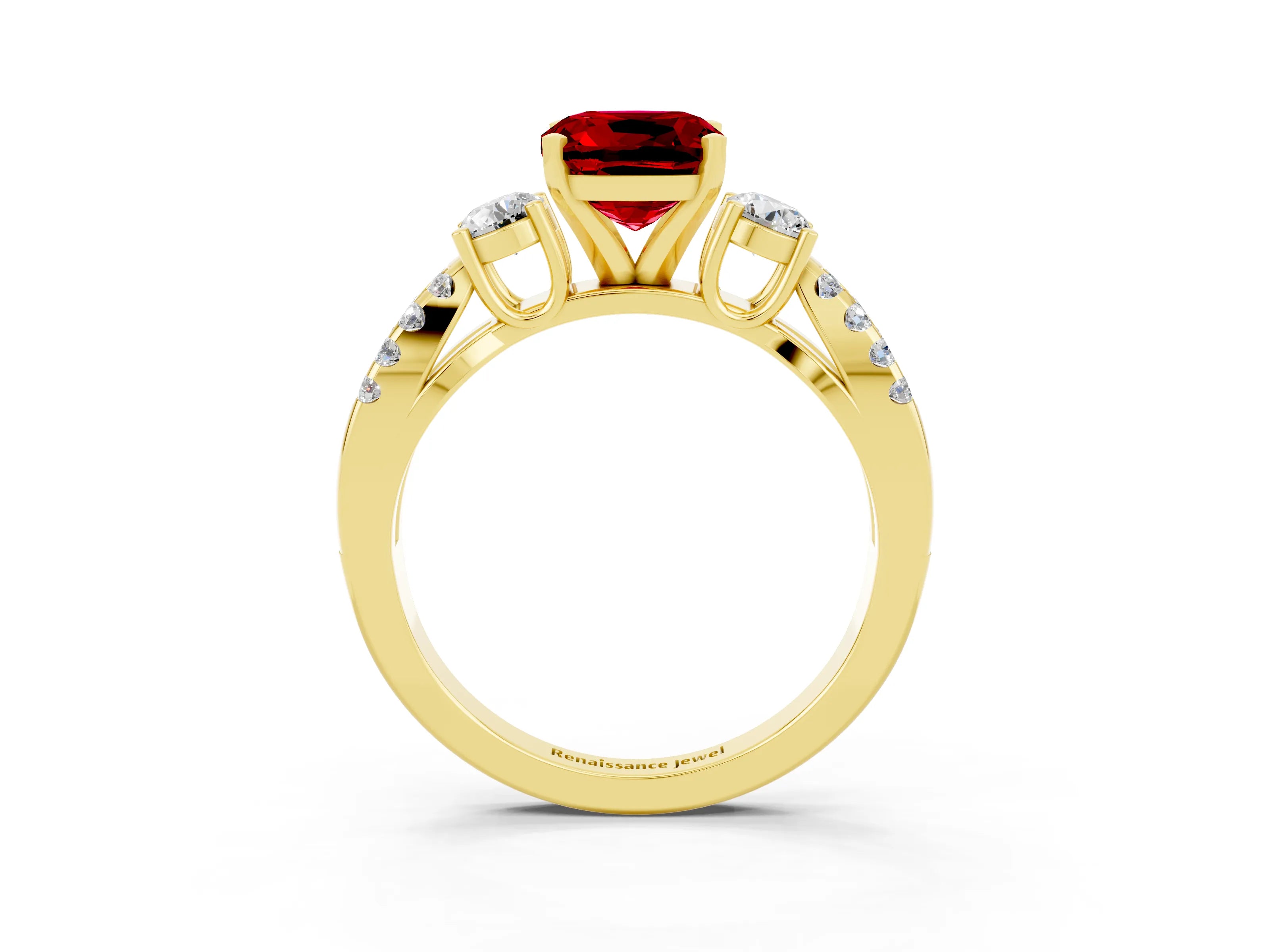 Yellow gold Cushion Cut Ruby Three-Stone Ring with Pavé Split Shank and Four-Prong Setting_15