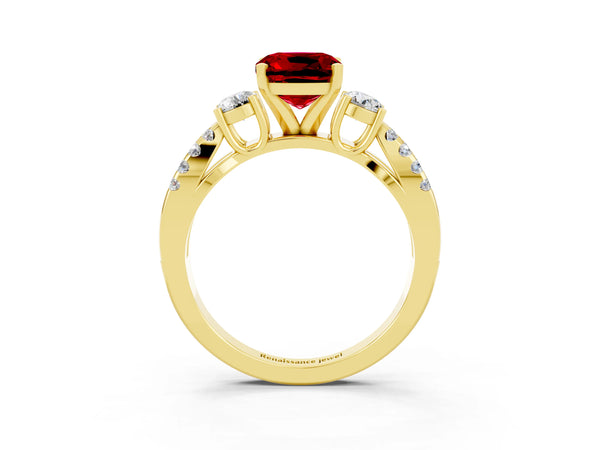 Yellow gold Cushion Cut Ruby Three-Stone Ring with Pavé Split Shank and Four-Prong Setting