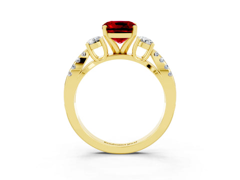 Yellow gold Cushion Cut Ruby Three-Stone Ring with Pavé Split Shank and Four-Prong Setting_15