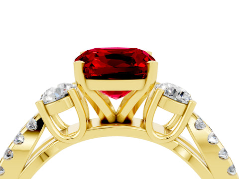 Yellow gold Cushion Cut Ruby Three-Stone Ring with Pavé Split Shank and Four-Prong Setting_16