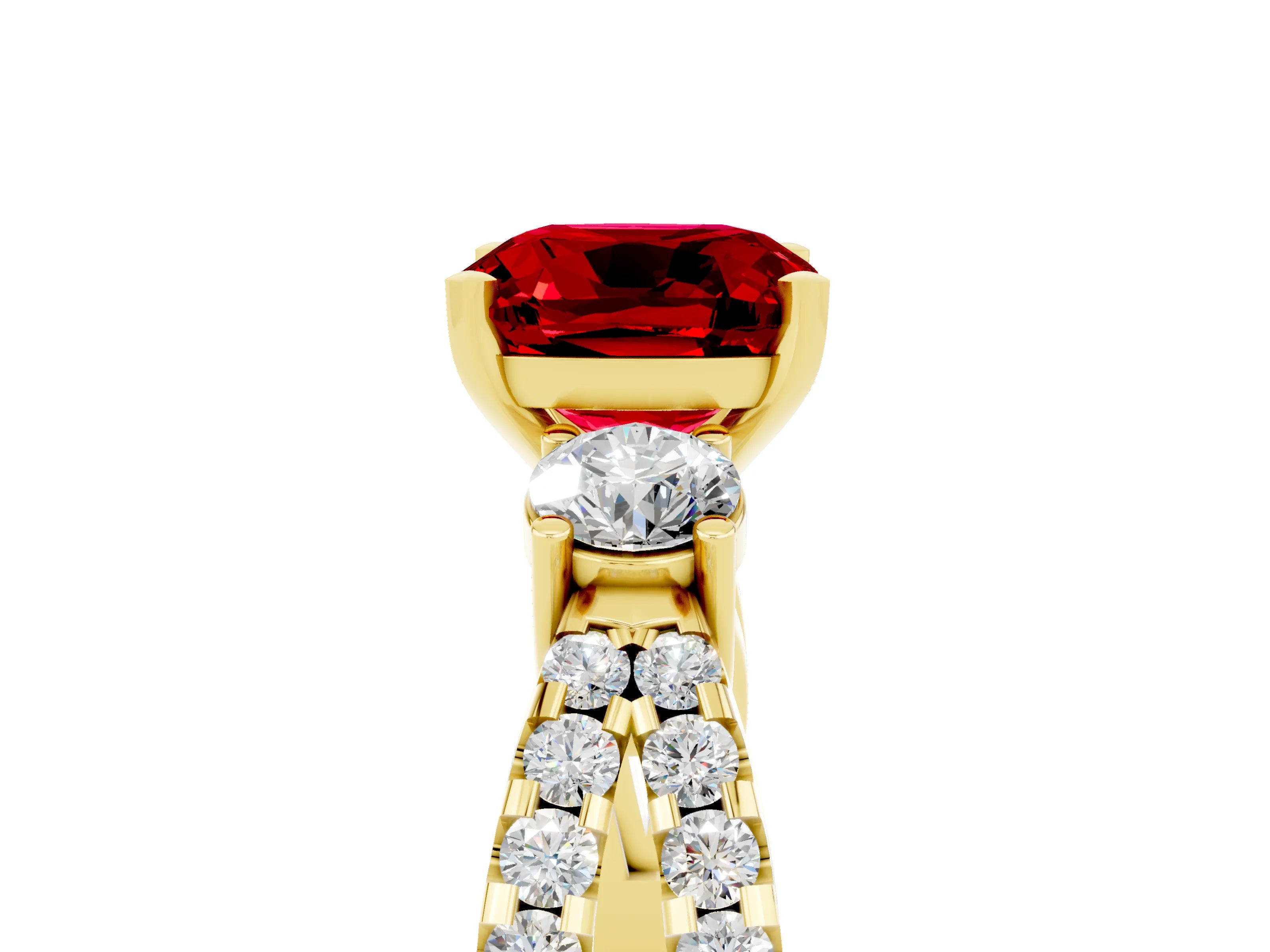 Yellow gold Cushion Cut Ruby Three-Stone Ring with Pavé Split Shank and Four-Prong Setting_17