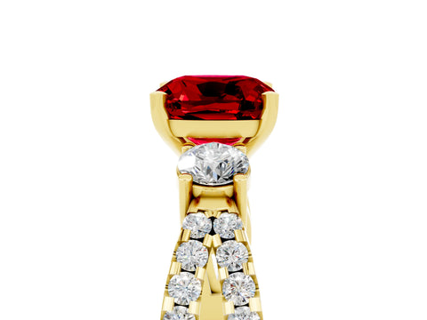 Yellow gold Cushion Cut Ruby Three-Stone Ring with Pavé Split Shank and Four-Prong Setting_17