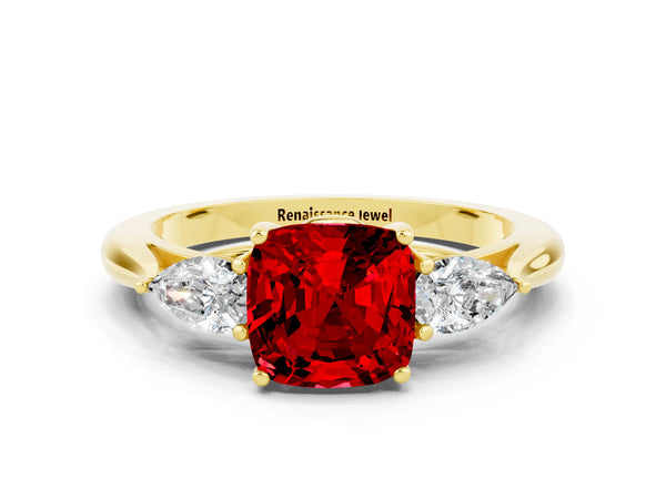 Yellow gold Cushion Cut Ruby Three-Stone Ring with Pear  Side Stones and Prong Setting