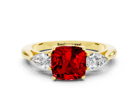 Yellow gold Cushion Cut Ruby Three-Stone Ring with Pear Side Stones and Four-Prong Setting_12