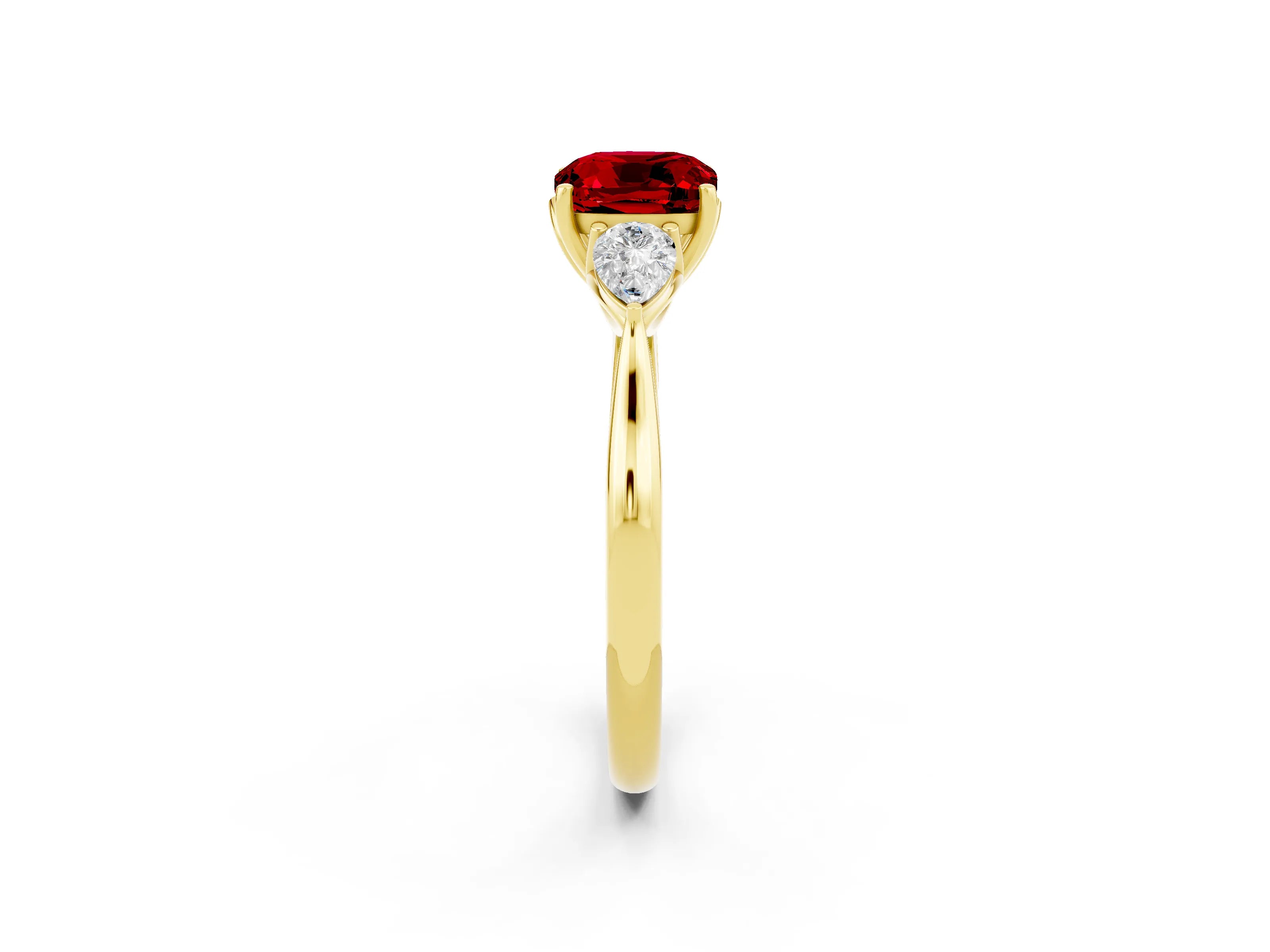 Yellow gold Cushion Cut Ruby Three-Stone Ring with Pear Side Stones and Four-Prong Setting_14