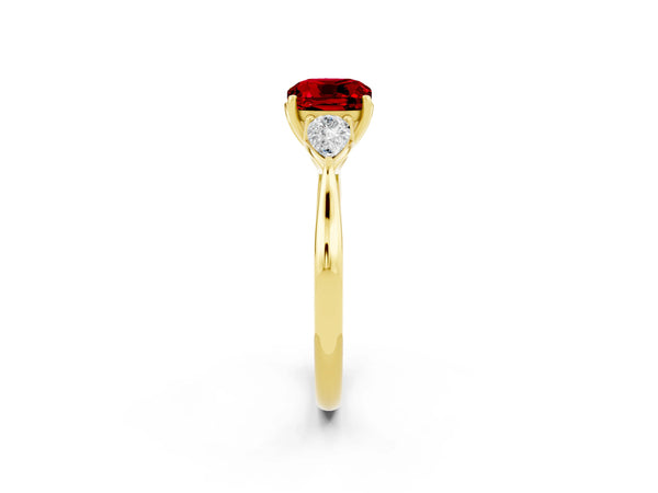 Yellow gold Cushion Cut Ruby Three-Stone Ring with Pear  Side Stones and Prong Setting