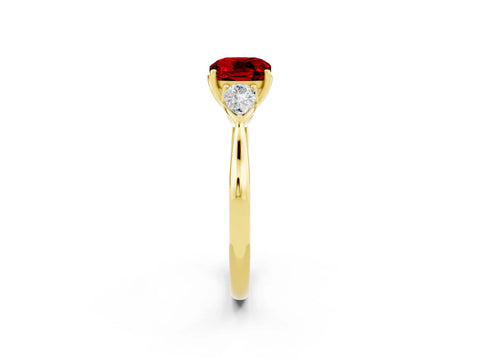 Yellow gold Cushion Cut Ruby Three-Stone Ring with Pear Side Stones and Four-Prong Setting_14