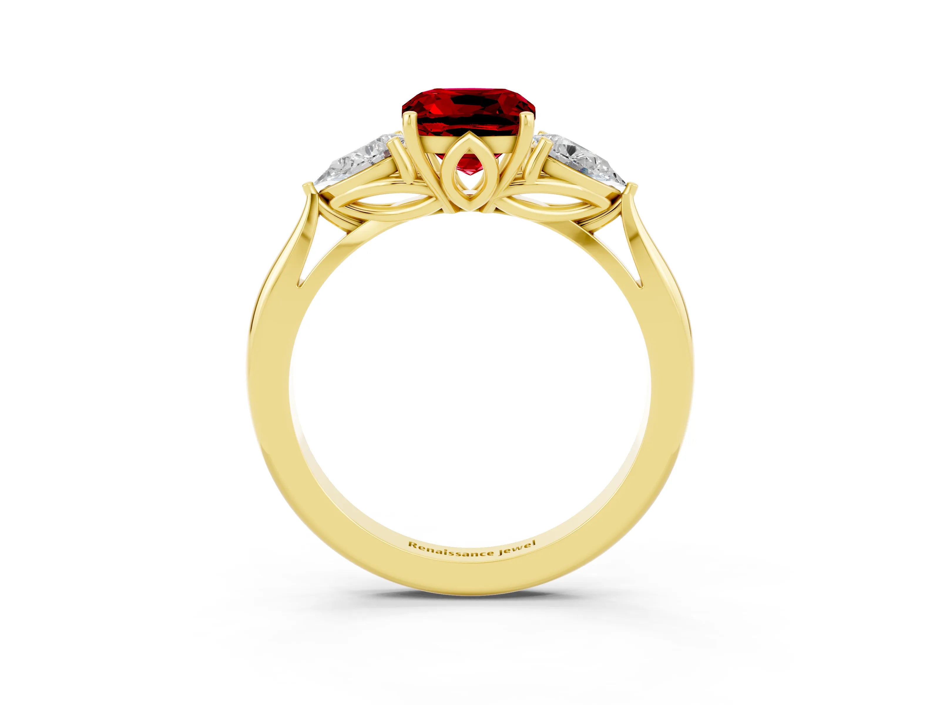 Yellow gold Cushion Cut Ruby Three-Stone Ring with Pear Side Stones and Four-Prong Setting_15