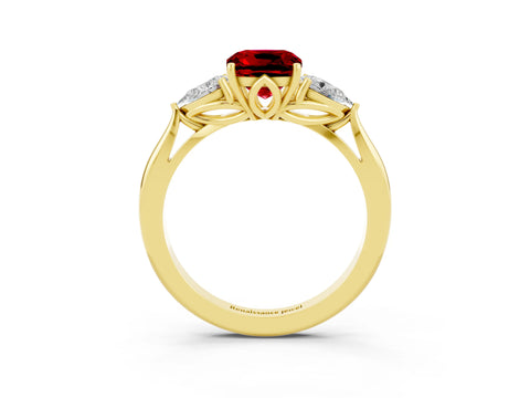 Yellow gold Cushion Cut Ruby Three-Stone Ring with Pear Side Stones and Four-Prong Setting_15