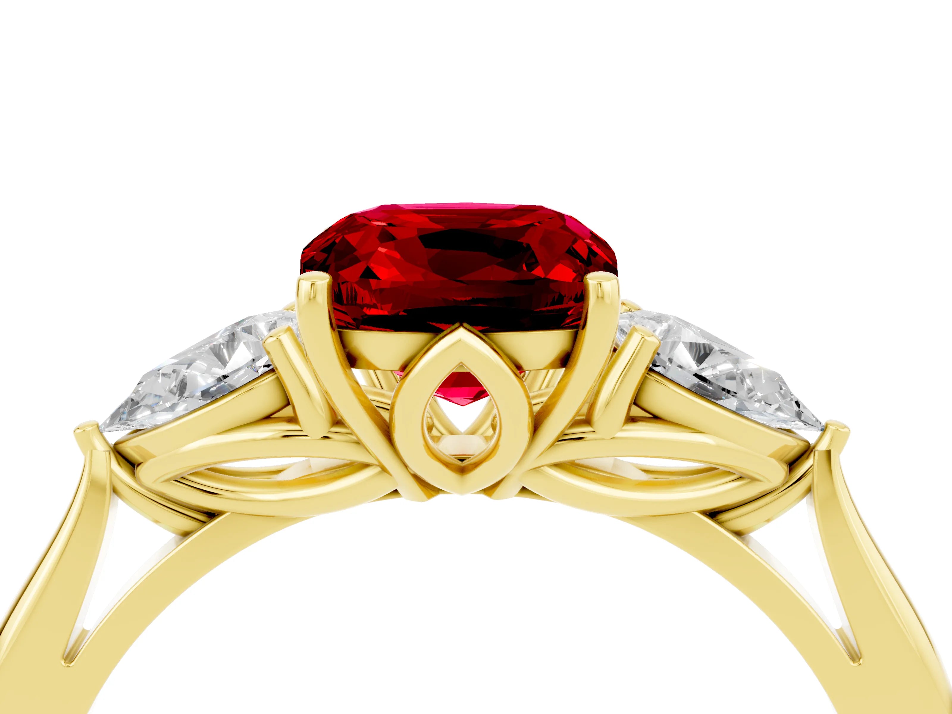 Yellow gold Cushion Cut Ruby Three-Stone Ring with Pear Side Stones and Four-Prong Setting_16