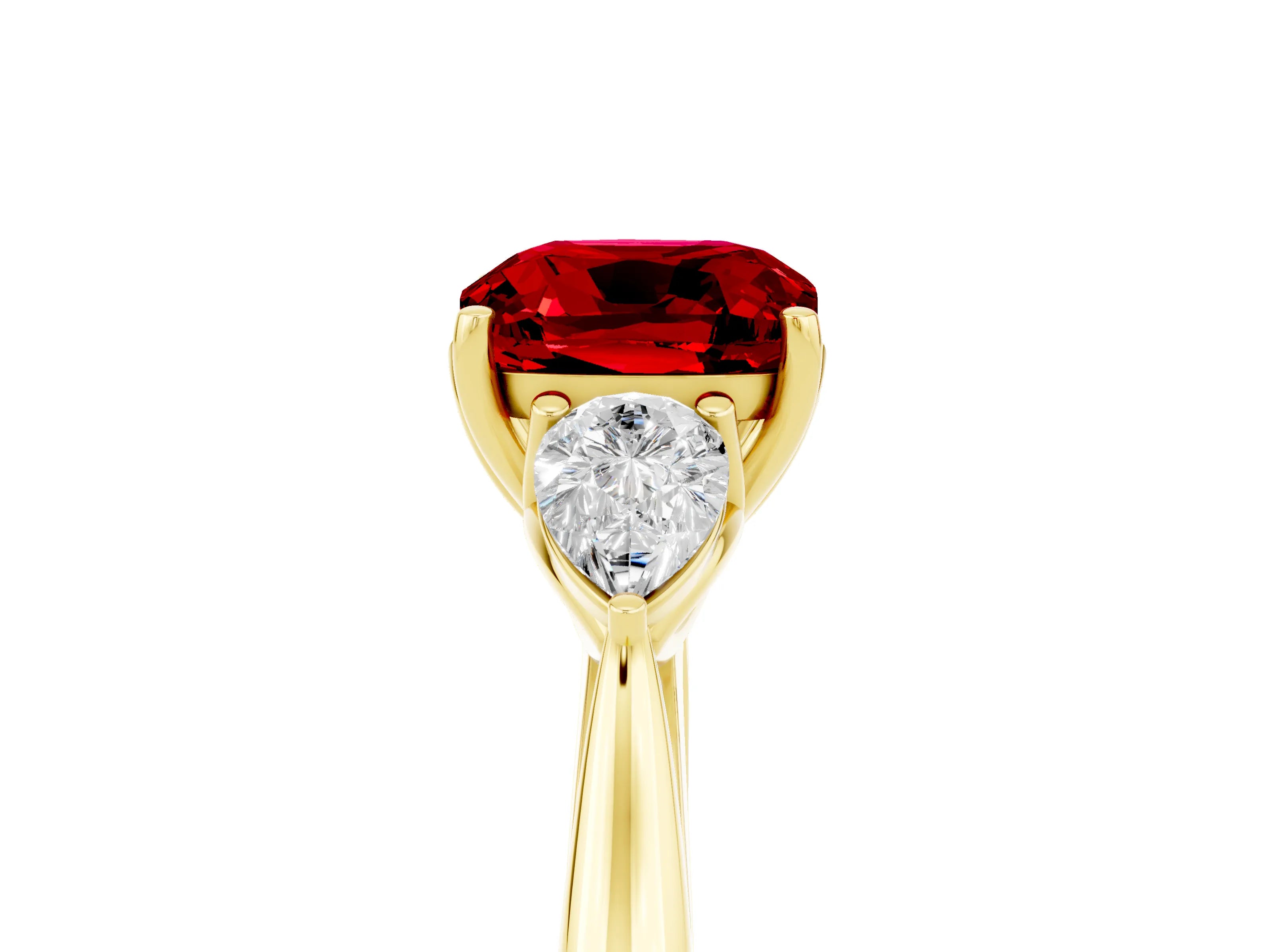 Yellow gold Cushion Cut Ruby Three-Stone Ring with Pear Side Stones and Four-Prong Setting_17