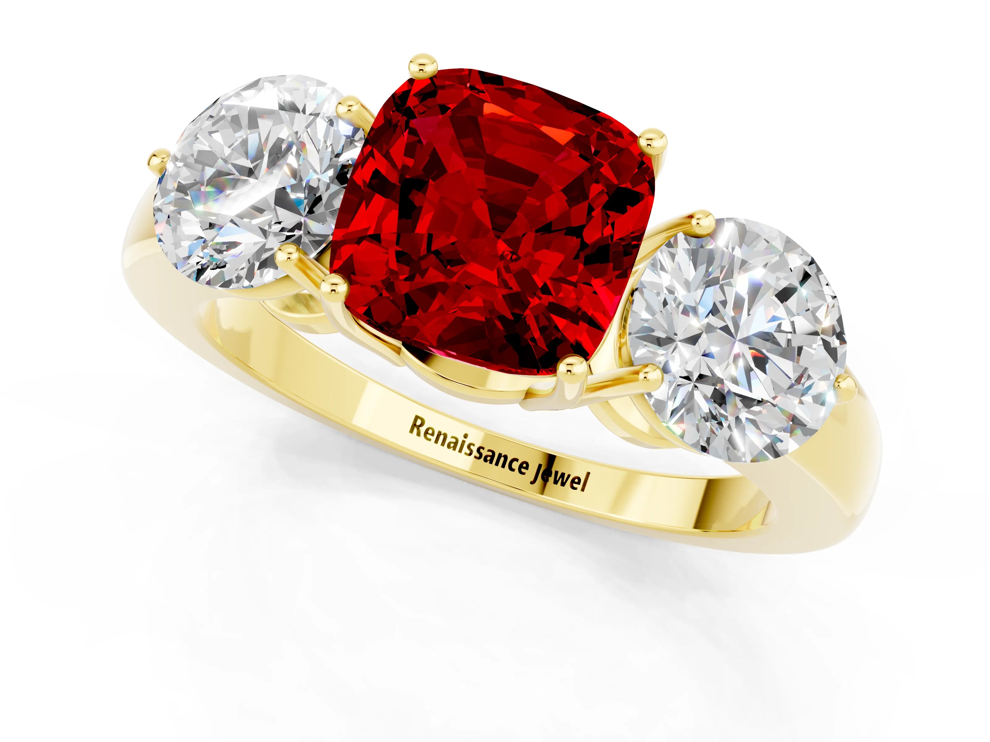 Yellow gold Cushion Cut Ruby Three-Stone Ring with Prong Setting and Classic Band_1
