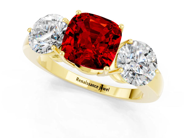Yellow gold Cushion Cut Ruby Three-Stone Ring with Prong Setting and Classic Band