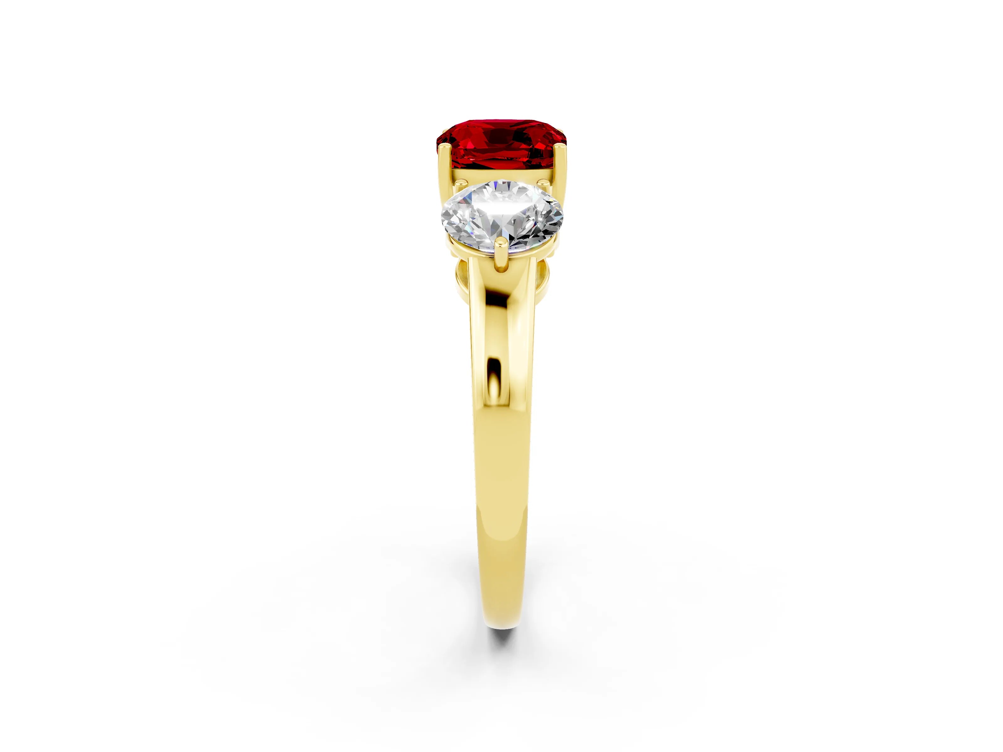 Yellow gold Cushion Cut Ruby Three-Stone Ring with Prong Setting and Classic Band_2