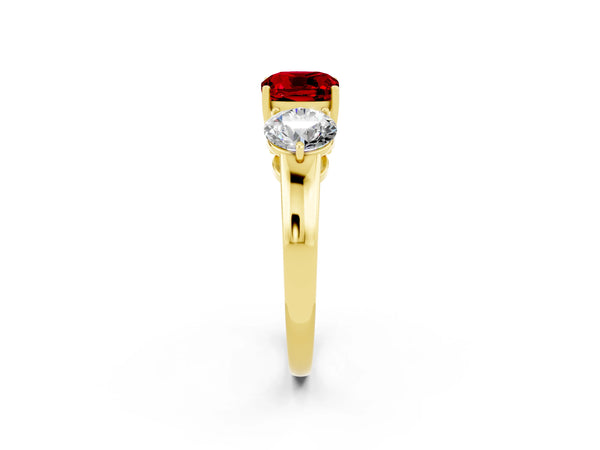 Yellow gold Cushion Cut Ruby Three-Stone Ring with Prong Setting and Classic Band