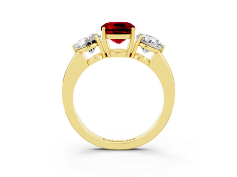 Yellow gold Cushion Cut Ruby Three-Stone Ring with Prong Setting and Classic Band_3