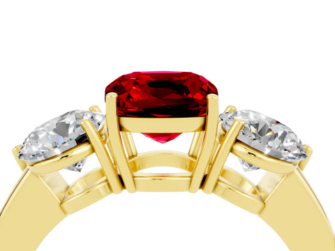 Yellow gold Cushion Cut Ruby Three-Stone Ring with Prong Setting and Classic Band_4