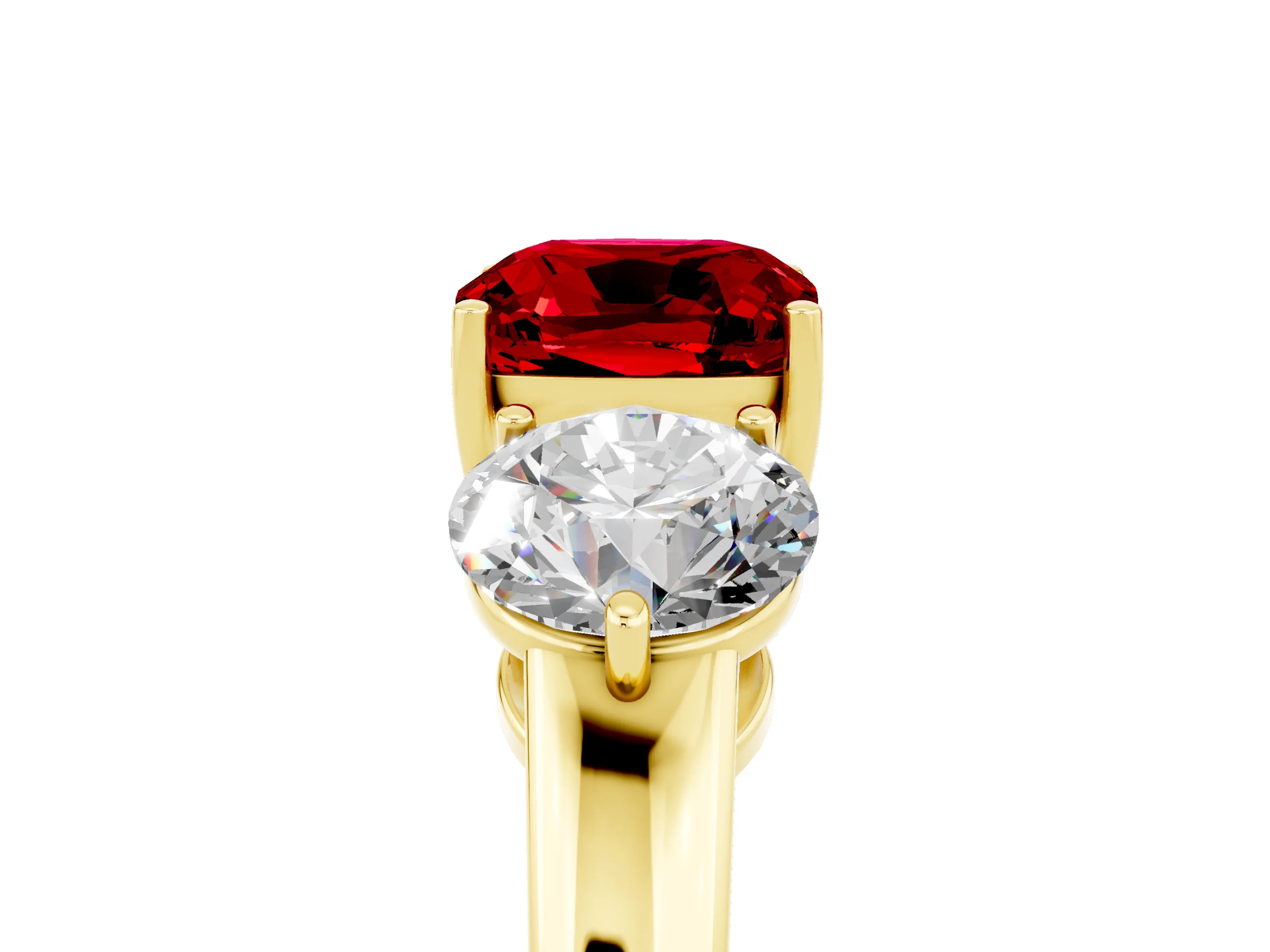 Yellow gold Cushion Cut Ruby Three-Stone Ring with Prong Setting and Classic Band_5