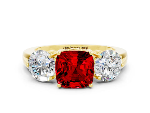 Yellow gold Cushion Cut Ruby Three-Stone Ring with Prong Setting and Classic Band