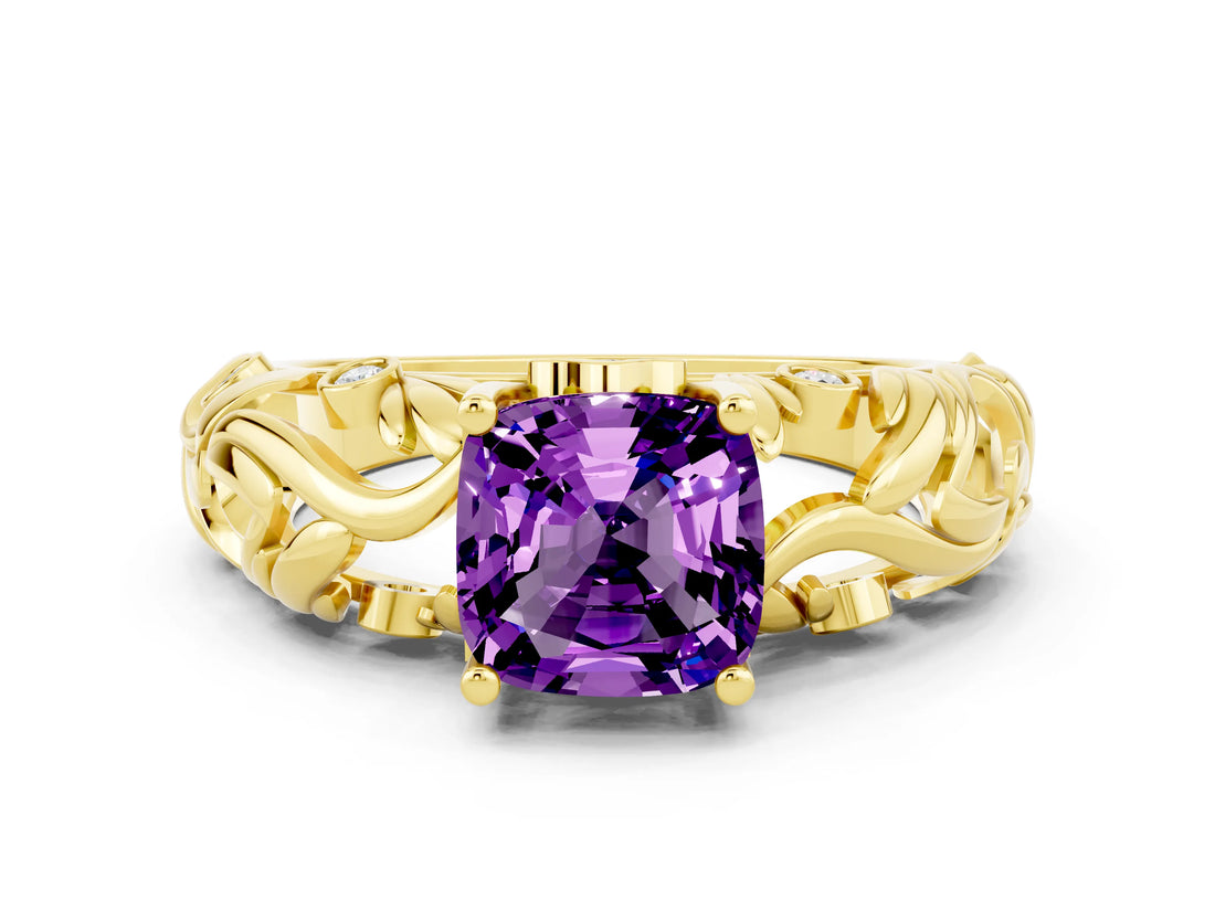 Yellow gold Cushion Cut Solitaire Amethyst Leaf-Inspired Vine Band Ring with Prong Setting