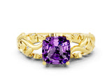 Yellow gold Cushion Cut Solitaire Amethyst Leaf-Inspired Vine Band Ring with Prong Setting