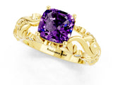 Yellow gold Cushion Cut Solitaire Amethyst Leaf-Inspired Vine Band Ring with Prong Setting_1