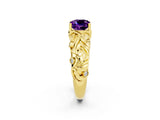 Yellow gold Cushion Cut Solitaire Amethyst Leaf-Inspired Vine Band Ring with Prong Setting_2