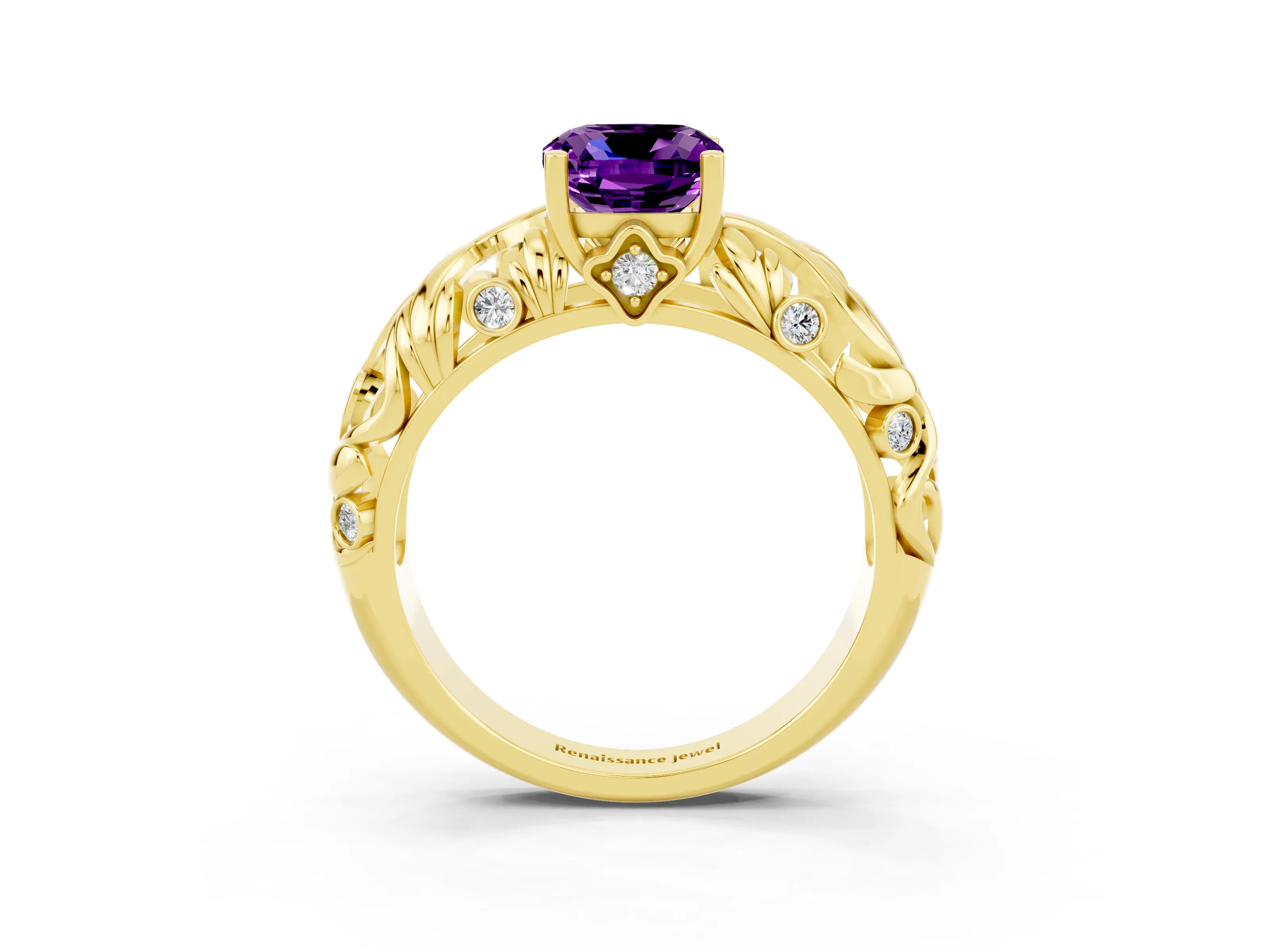 Yellow gold Cushion Cut Solitaire Amethyst Leaf-Inspired Vine Band Ring with Prong Setting_3