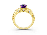 Yellow gold Cushion Cut Solitaire Amethyst Leaf-Inspired Vine Band Ring with Prong Setting_3