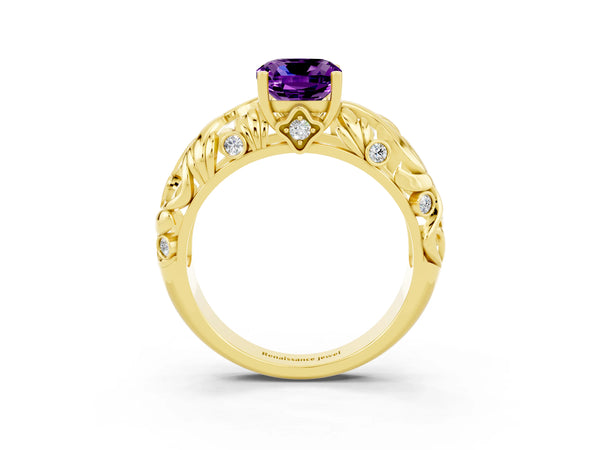 Yellow gold Cushion Cut Solitaire Amethyst Leaf-Inspired Vine Band Ring with Prong Setting