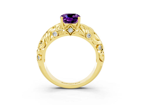 Yellow gold Cushion Cut Solitaire Amethyst Leaf-Inspired Vine Band Ring with Prong Setting_3