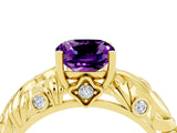 Yellow gold Cushion Cut Solitaire Amethyst Leaf-Inspired Vine Band Ring with Prong Setting_4