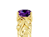 Yellow gold Cushion Cut Solitaire Amethyst Leaf-Inspired Vine Band Ring with Prong Setting_5