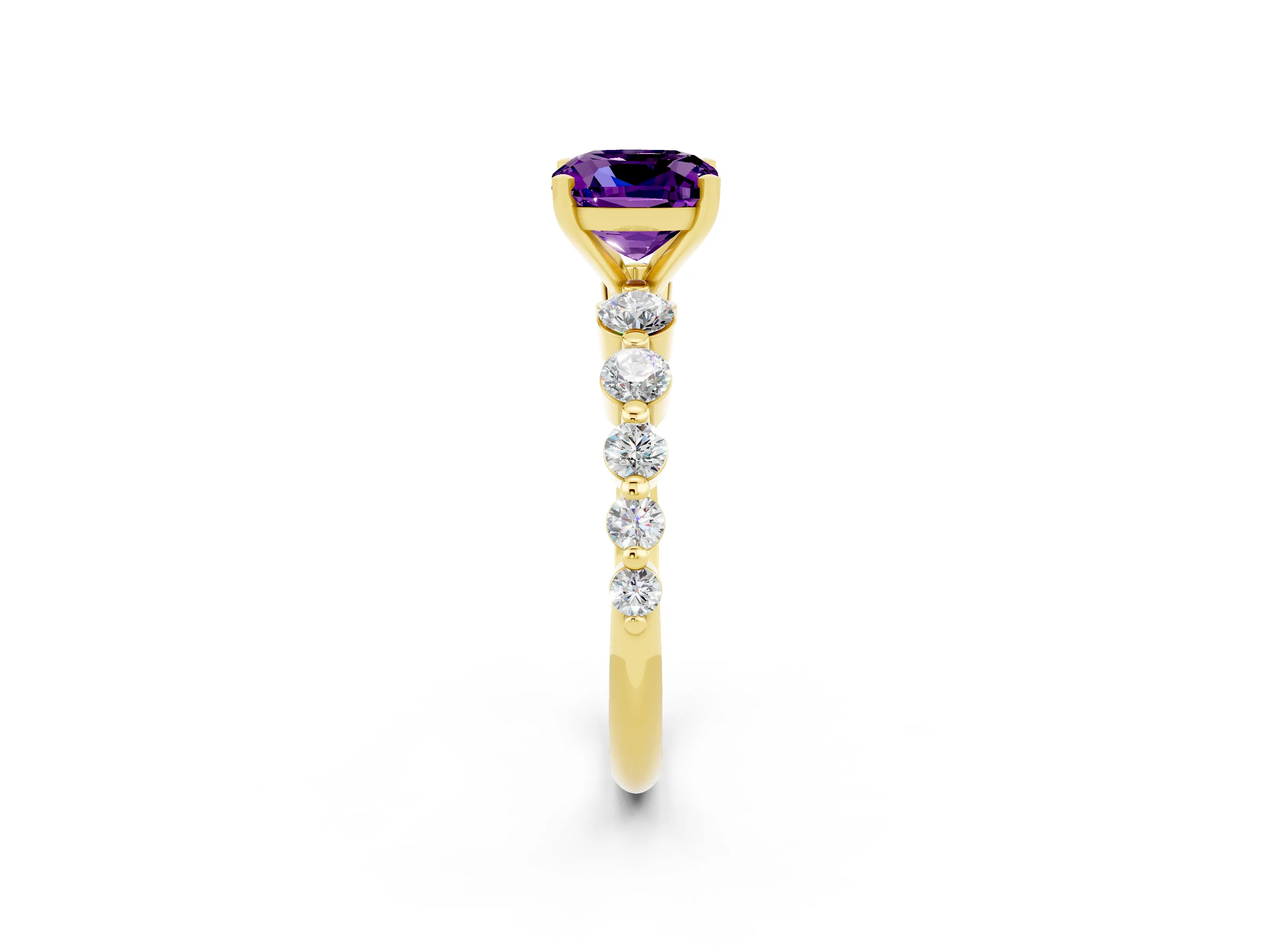 Yellow gold Cushion Cut Solitaire Amethyst Ring with Pave Band and Four-Prong Setting_2