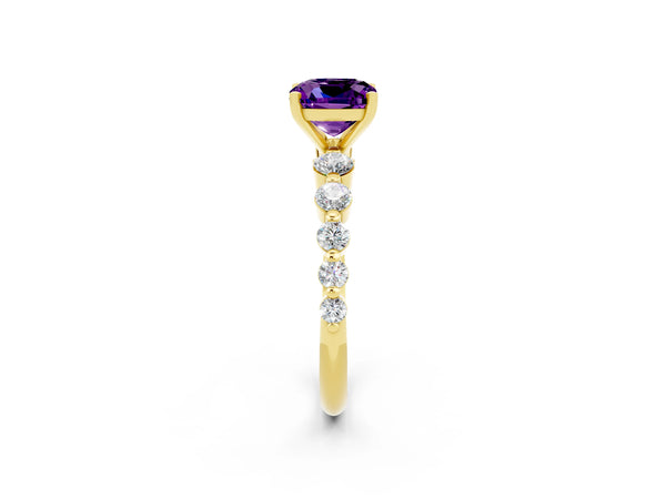 Yellow gold Cushion Cut Solitaire Amethyst Ring with Pave Band and Four-Prong Setting