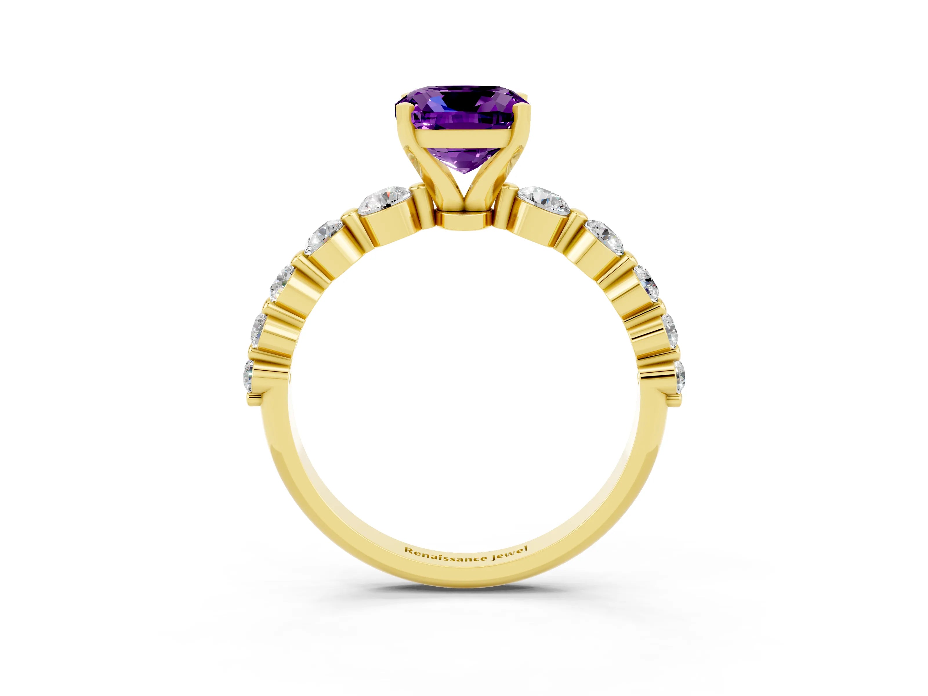 Yellow gold Cushion Cut Solitaire Amethyst Ring with Pave Band and Four-Prong Setting_3