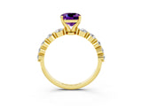 Yellow gold Cushion Cut Solitaire Amethyst Ring with Pave Band and Four-Prong Setting_3