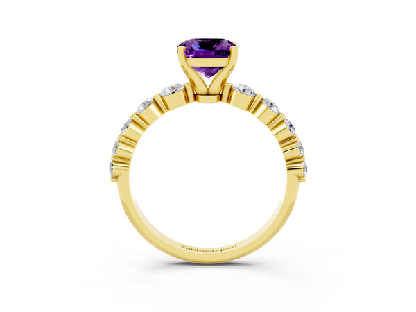 Yellow gold Cushion Cut Solitaire Amethyst Ring with Pave Band and Four-Prong Setting