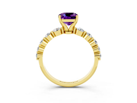 Yellow gold Cushion Cut Solitaire Amethyst Ring with Pave Band and Four-Prong Setting_3