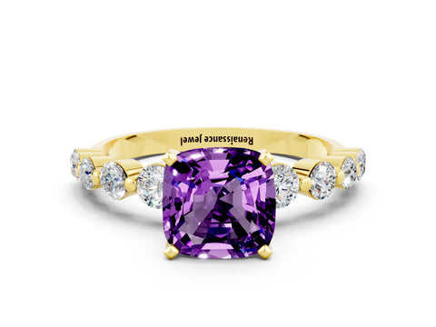 Yellow gold Cushion Cut Solitaire Amethyst Ring with Pave Band and Four-Prong Setting
