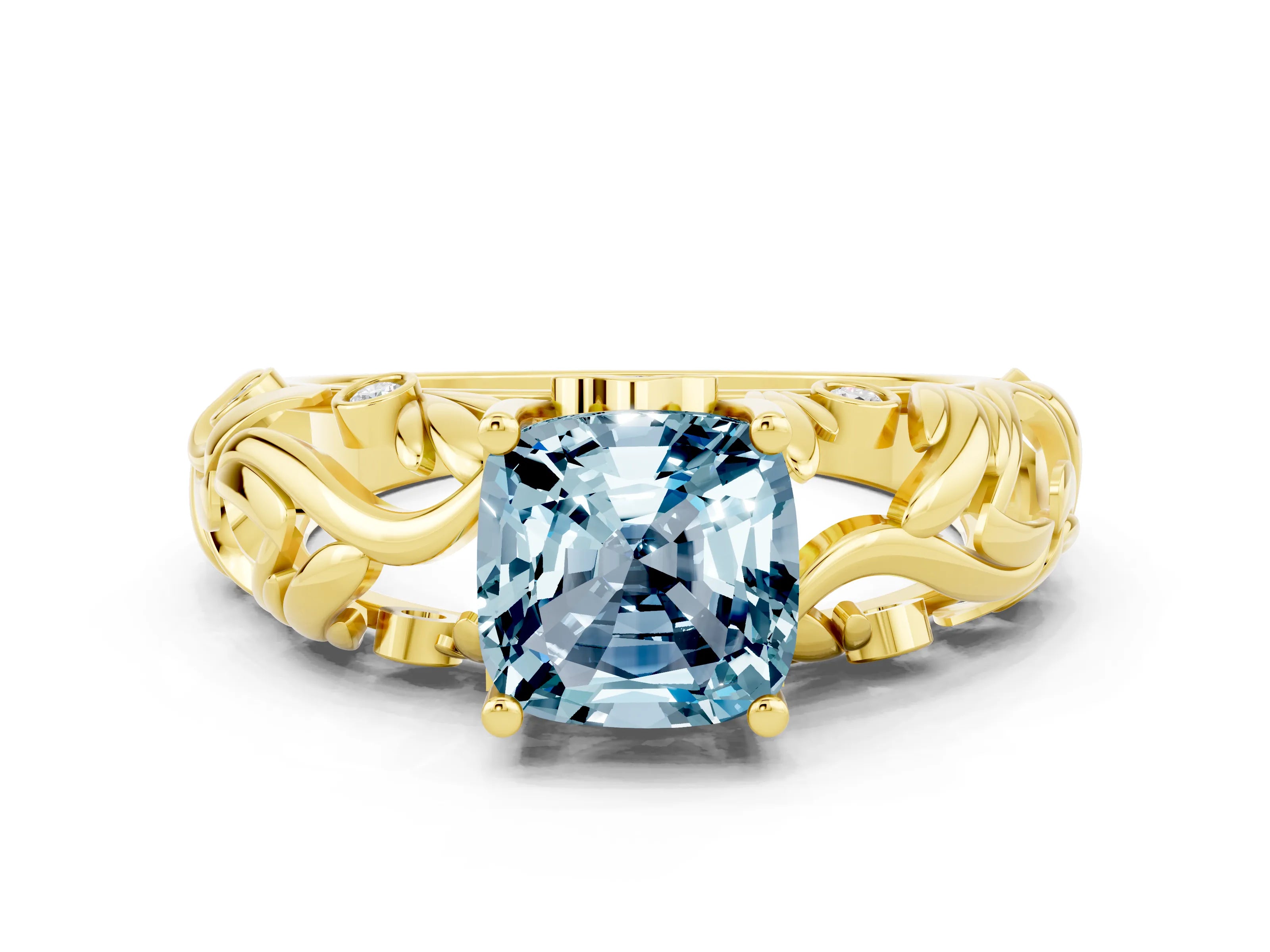 Yellow gold Cushion Cut Solitaire Aquamarine Leaf-Inspired Vine Band Ring with Prong Setting