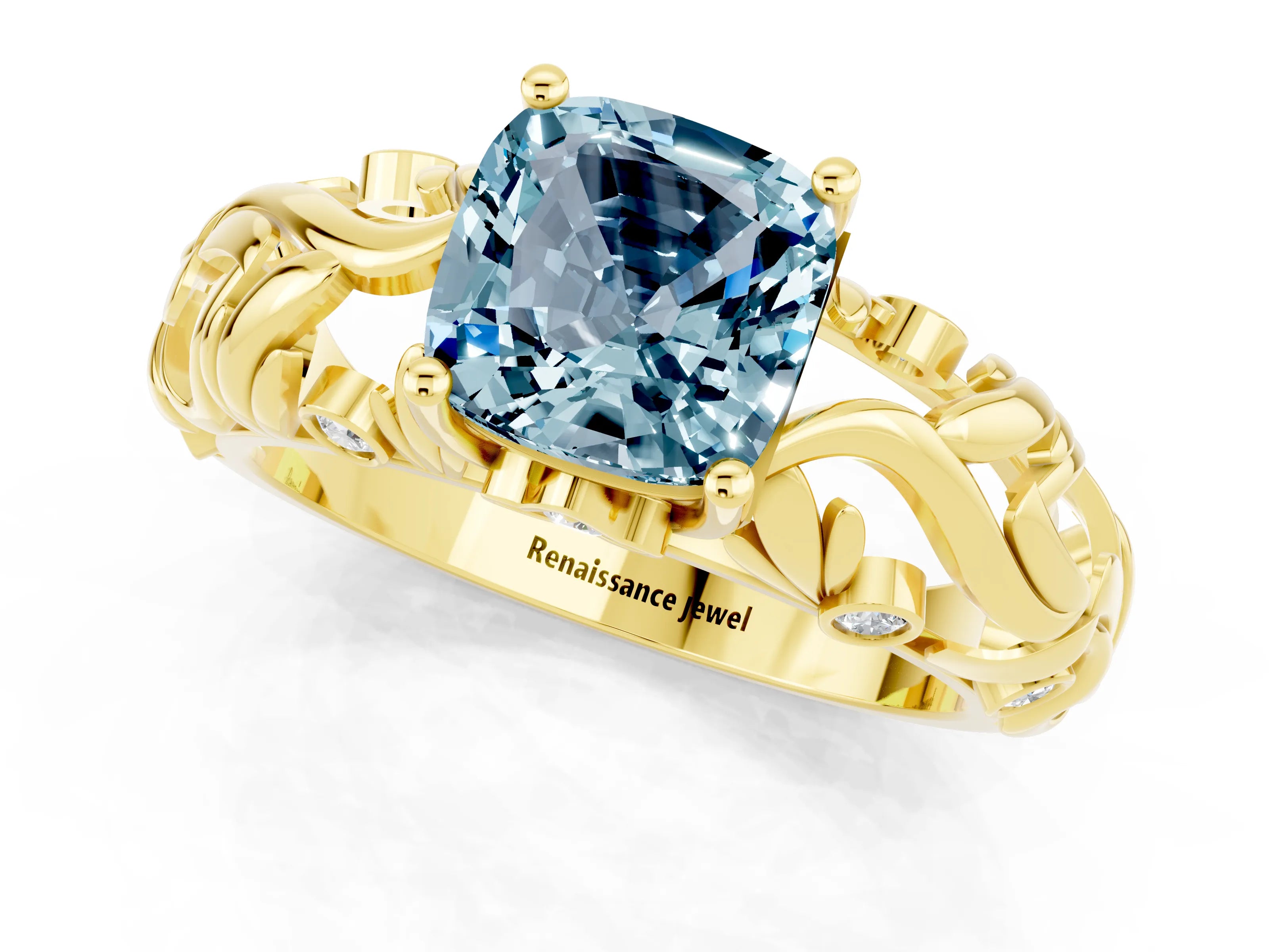 Yellow gold Cushion Cut Solitaire Aquamarine Leaf-Inspired Vine Band Ring with Prong Setting_1
