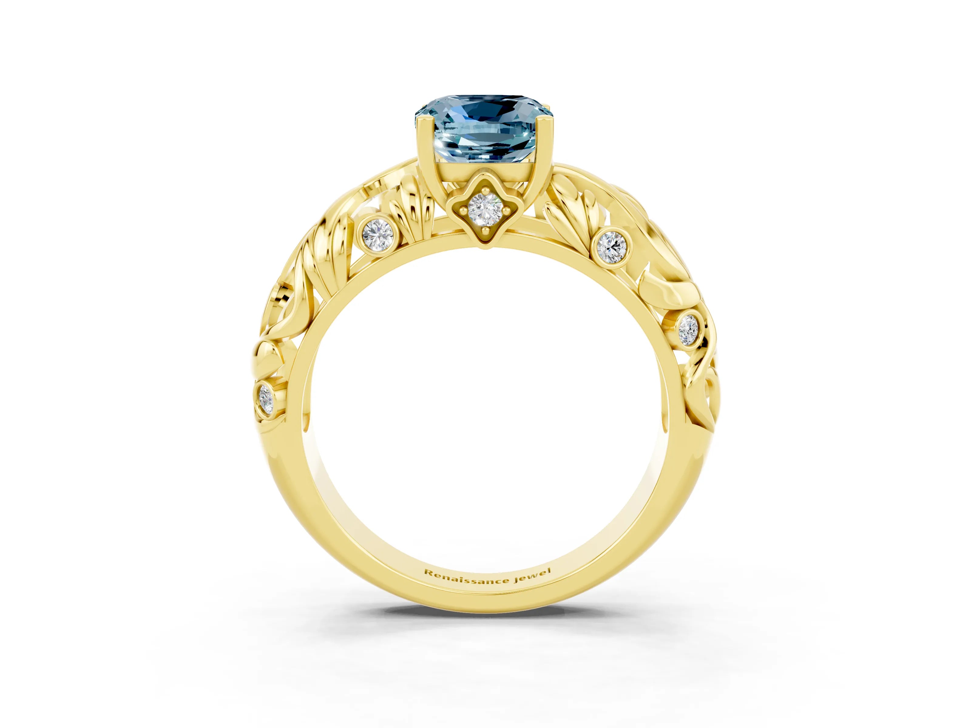Yellow gold Cushion Cut Solitaire Aquamarine Leaf-Inspired Vine Band Ring with Prong Setting_3