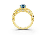 Yellow gold Cushion Cut Solitaire Aquamarine Leaf-Inspired Vine Band Ring with Prong Setting_3